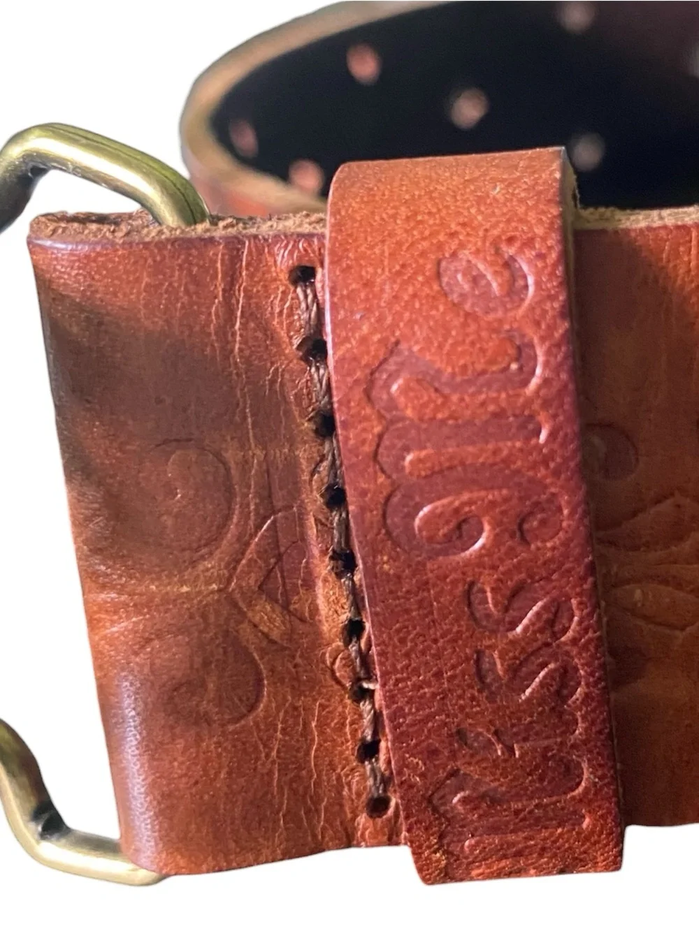 Miss Me Brown Leather Sz M Womens Rhinestone Etched Belt Buckle Cowgirl Chic 38”
